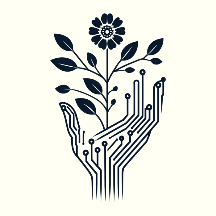 AI generated image that could be generated using this prompt: Design a minimalistic floral motif by subtly integrating the uploaded logo with its hand and circuit elements. The fingers of the hand could be imagined.