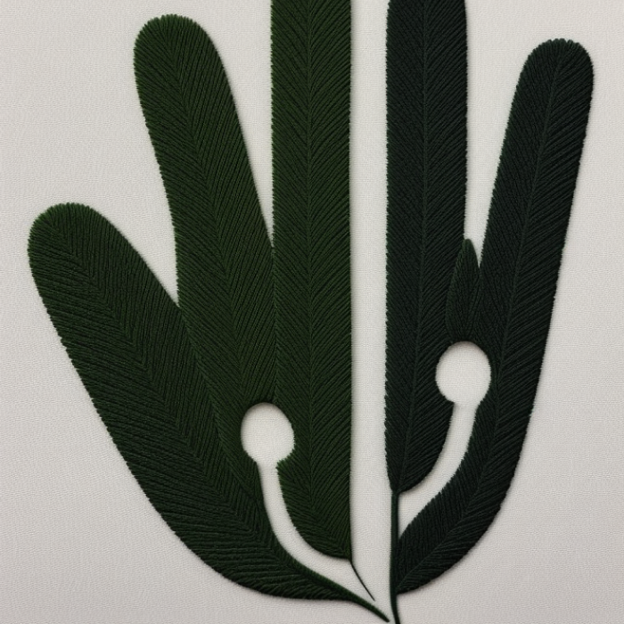 AI generated image of the logo of Faculty of Humanities AGH but in the form of an embroidered plant leaf.