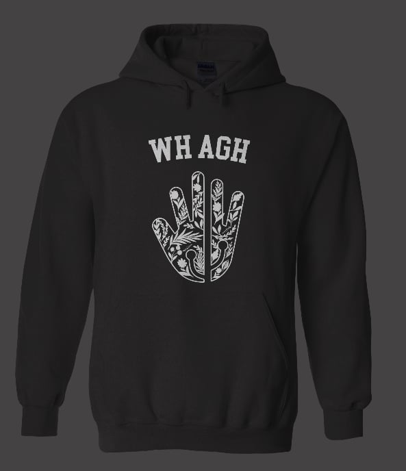 Image depicting a hoodie mockup with a floral motive edited to look like an organisation logo.